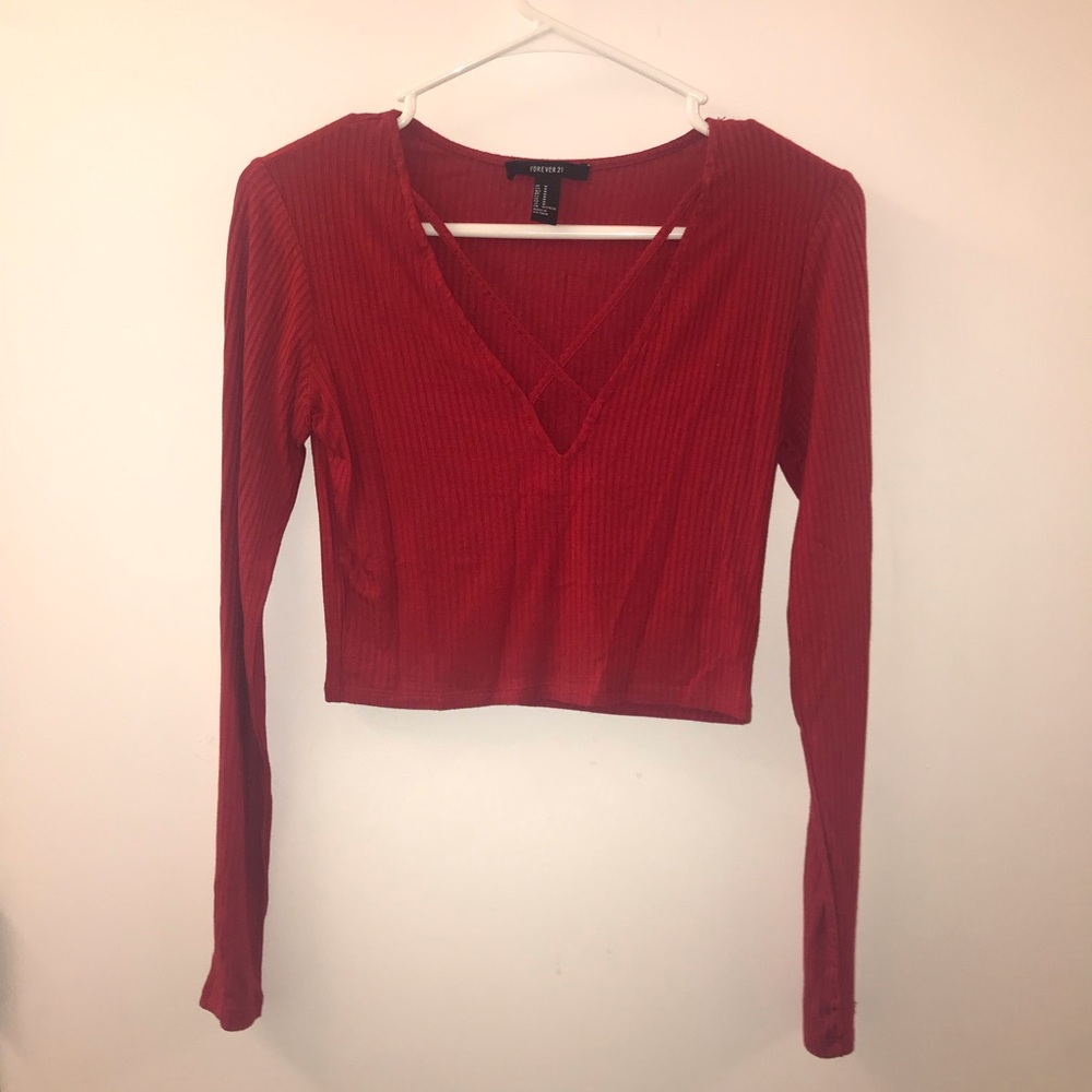 NWOT Red Long Sleeve Crop Top with Crisscross Neck